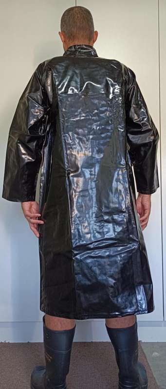 Vintage 1976 shiny black PVC raincoat