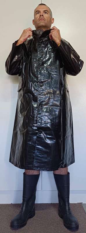 Vintage 1976 shiny black PVC raincoat