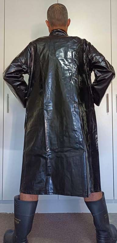 Vintage 1976 shiny black PVC raincoat