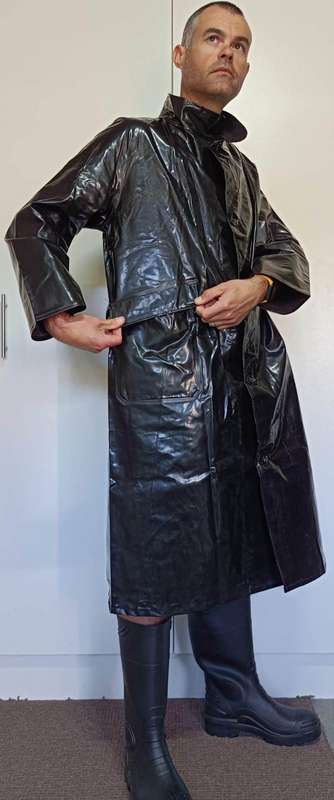Vintage 1976 shiny black PVC raincoat