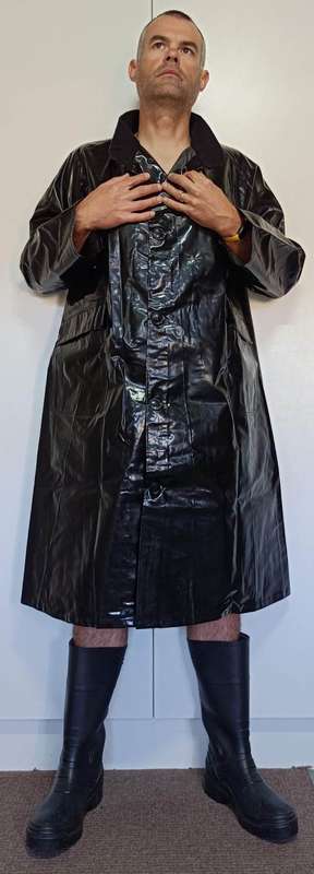 Vintage 1976 shiny black PVC raincoat