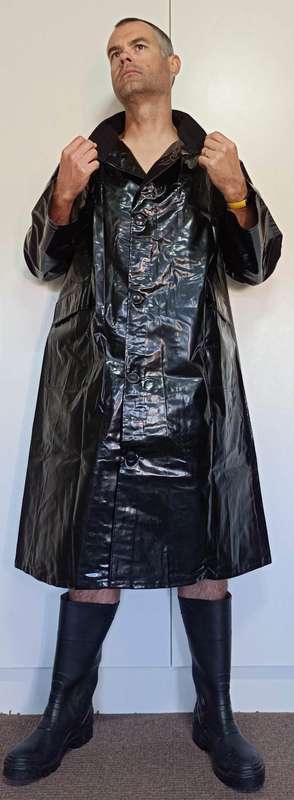 Vintage 1976 shiny black PVC raincoat