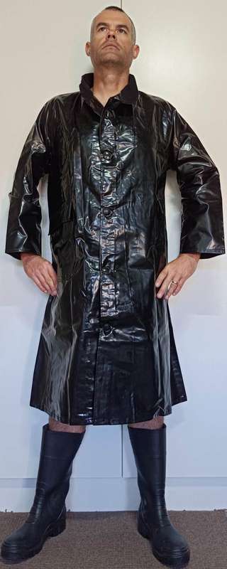 Vintage 1976 shiny black PVC raincoat