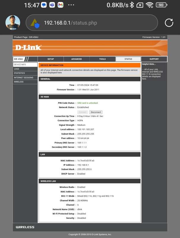 D-Link 3.75G Router | Takes SIM card | LAN and Telephone ports