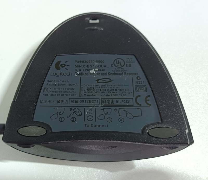 Logitech receiver for wireless keyboard and mouse.