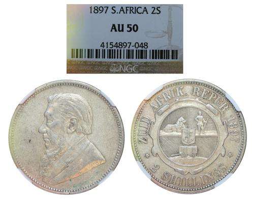 ZAR 1897 2 SHILLING NGC AU50