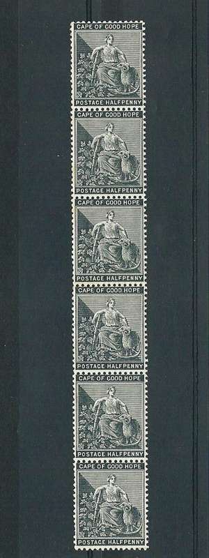 COCH HALF PENNY BLACK - VERTICAL STRIP OF SIX UNMOUNTED MINT.