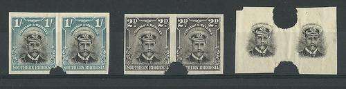 SOUTHERN RHODESIA. 2d and 1/- IMPERF PLATE PROOF PAIRS + VIGNETTE