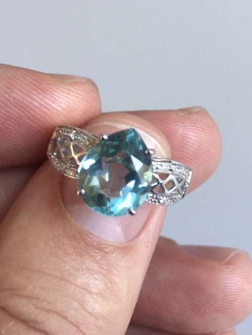 LUXURIOUS 3.35CT BLUE AQUAMARINE & SAPPHIRE PEAR STERLING SILVER 925 RING SIZE N