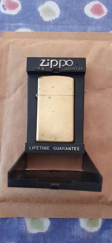 ** ORIGINAL- Vintage Solid Brass ZIPPO Slim Petrol Lighter w/ Certificate and Display Case. **