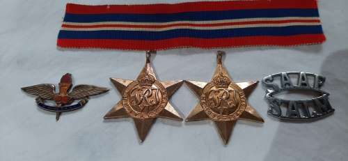 **ORIGINAL- RARE!! WWII S.A.A.F Medal and Wing Insignia Group for 2 Wing Heavy Bomber Squadron.**