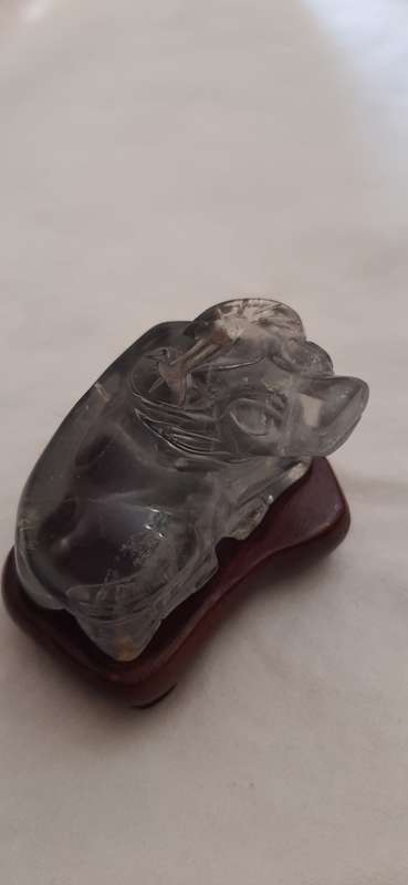 ** STUNNING- Blue Sapphire Corundum Handcarved Chinese Water Buffalo Figurine w/ Wooden Base.**