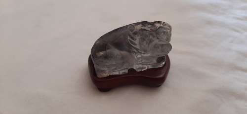** STUNNING- Blue Sapphire Corundum Handcarved Chinese Water Buffalo Figurine w/ Wooden Base.**