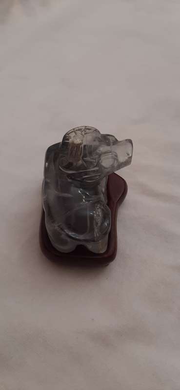 ** STUNNING- Blue Sapphire Corundum Handcarved Chinese Water Buffalo Figurine w/ Wooden Base.**
