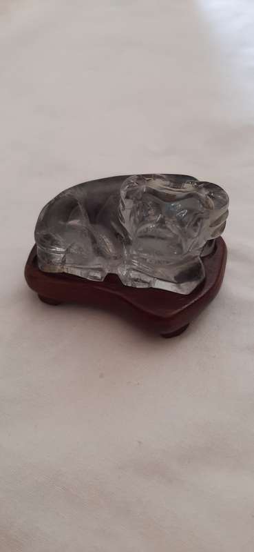 ** STUNNING- Blue Sapphire Corundum Handcarved Chinese Water Buffalo Figurine w/ Wooden Base.**
