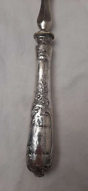 **STUNNING- 1890s Art Nouveau French .925 Silver Handled Fish Servers w/ Plated Fixtures.**