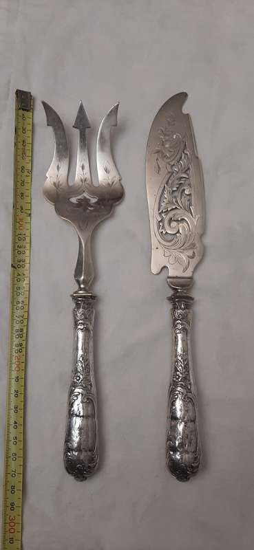**STUNNING- 1890s Art Nouveau French .925 Silver Handled Fish Servers w/ Plated Fixtures.**