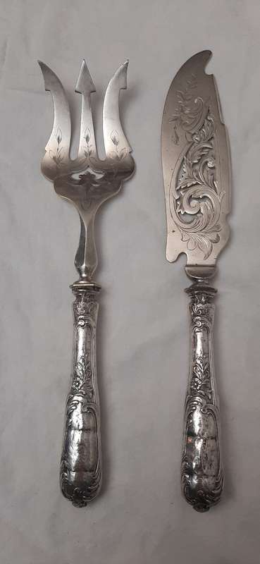 **STUNNING- 1890s Art Nouveau French .925 Silver Handled Fish Servers w/ Plated Fixtures.**