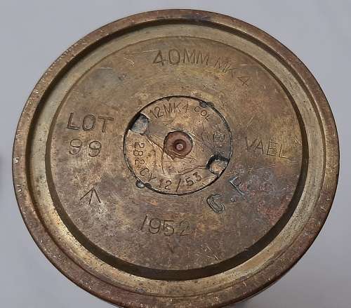 ** ORIGINAL- 1952 War Department Marked 40mm Bofors AAA Brass Shell (34cm).**