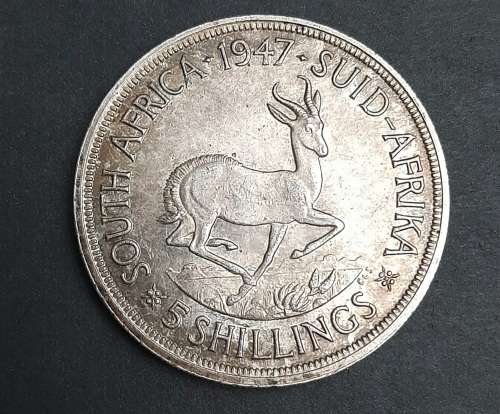 ** 1947 South Africa `Royal Vist Year` .800 Silver 5 Shilling Coin (XF).**