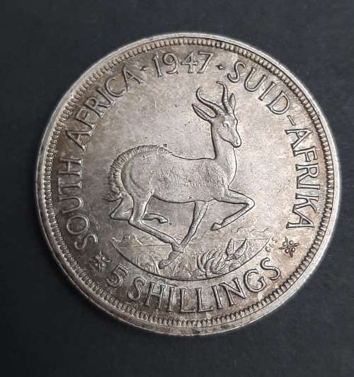 ** 1947 South Africa `Royal Vist Year` .800 Silver 5 Shilling Coin (XF).**