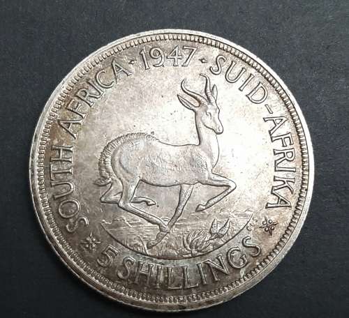 ** 1947 South Africa `Royal Vist Year` .800 Silver 5 Shilling Coin (XF).**