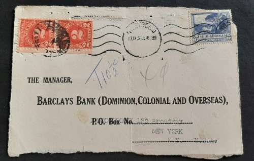 ** 1933 Suid-Afrika 3D Blue and 1930 U.S. 2 cents Stamp Pair on Barclay`s Bank Letter Cover.**