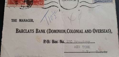** 1933 Suid-Afrika 3D Blue and 1930 U.S. 2 cents Stamp Pair on Barclay`s Bank Letter Cover.**