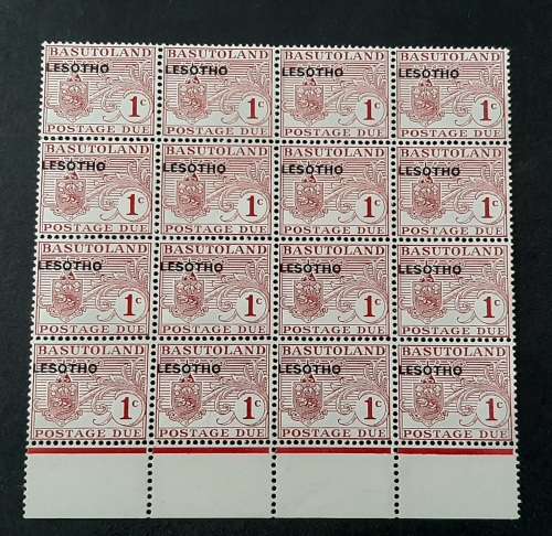 ** 1966 Basutoland Red 1c Postage Due Lesotho Overprint Mint Block Sheet x16.**