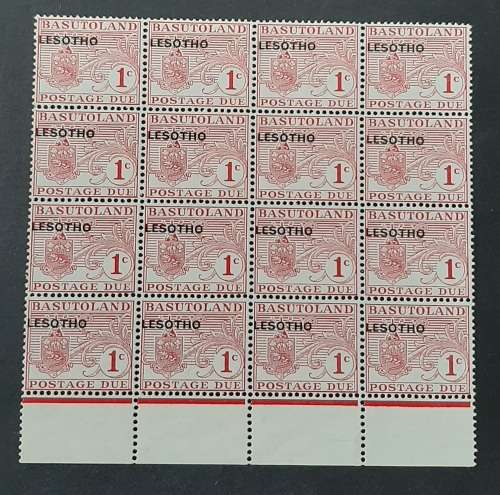 ** 1966 Basutoland Red 1c Postage Due Lesotho Overprint Mint Block Sheet x16.**