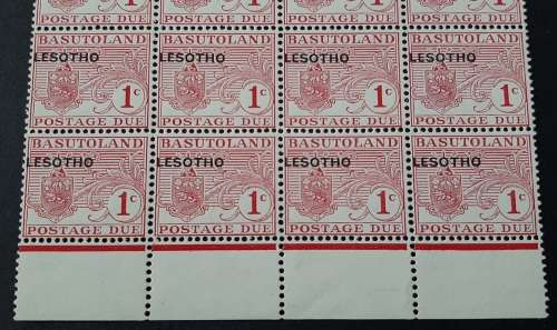** 1966 Basutoland Red 1c Postage Due Lesotho Overprint Mint Block Sheet x16.**
