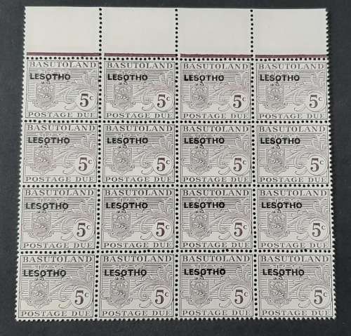 ** 1966 Basutoland Grey 5c Postage Due Lesotho Overprint Mint Block Sheet x16 Stamps.**