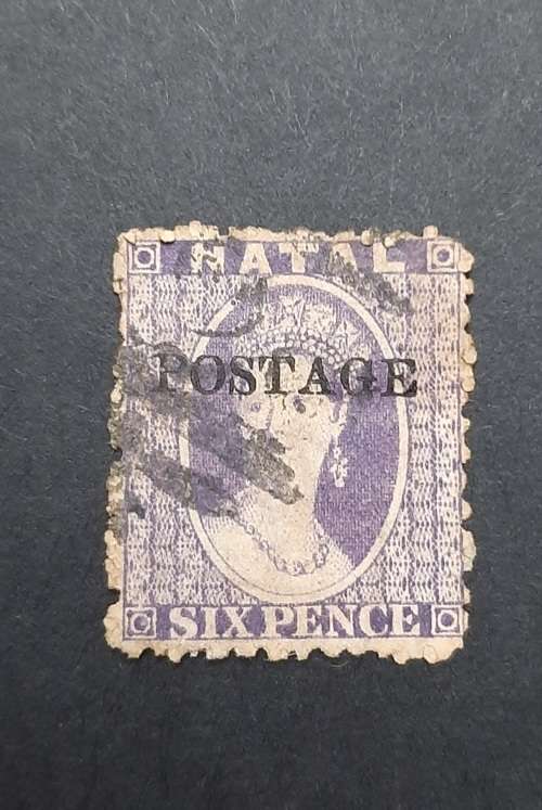 ** 1875 QV Natal Violet Postage Overprint Six Pence Stamp (Used).**
