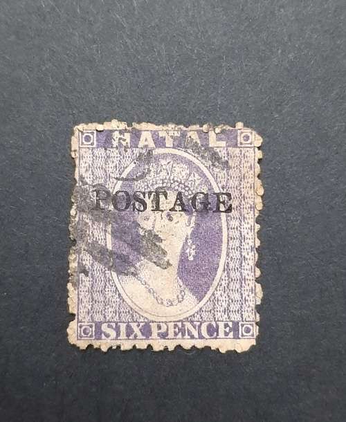 ** 1875 QV Natal Violet Postage Overprint Six Pence Stamp (Used).**