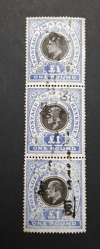 ** 1902 KEVII Natal £1 Black/Blue Postage Revenue Triptych Stamps (x3). [ Used ]**