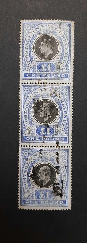 ** 1902 KEVII Natal £1 Black/Blue Postage Revenue Triptych Stamps (x3). [ Used ]**