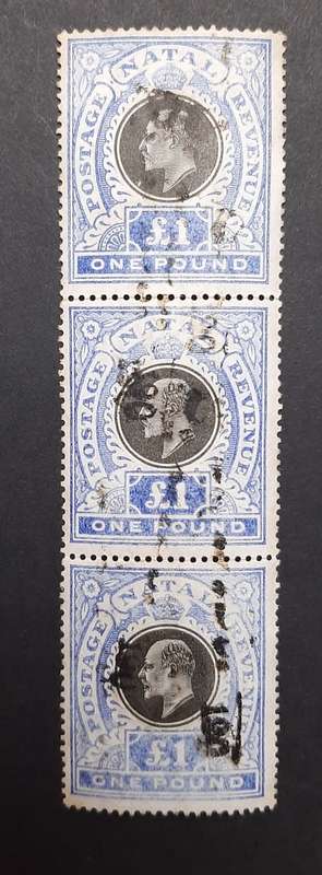 ** 1902 KEVII Natal £1 Black/Blue Postage Revenue Triptych Stamps (x3). [ Used ]**