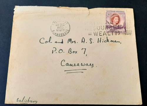 ** RARE : 1953 Rhodesia 2d Stamp Letter Cover addressed to BSAP Commissioner Colonel A.S. Hickman.**