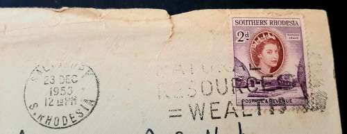 ** RARE : 1953 Rhodesia 2d Stamp Letter Cover addressed to BSAP Commissioner Colonel A.S. Hickman.**