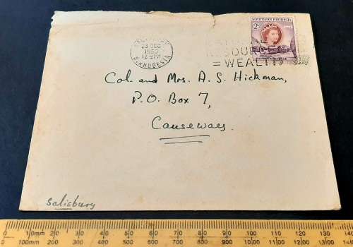 ** RARE : 1953 Rhodesia 2d Stamp Letter Cover addressed to BSAP Commissioner Colonel A.S. Hickman.**