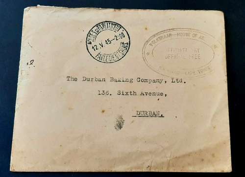 ** ORIGINAL: 1945 South Africa Volksraad/House of Assembly Cape Town Official Letter Cover.**