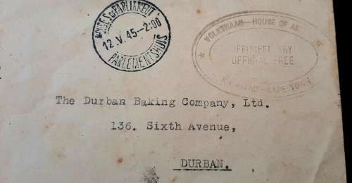** ORIGINAL: 1945 South Africa Volksraad/House of Assembly Cape Town Official Letter Cover.**