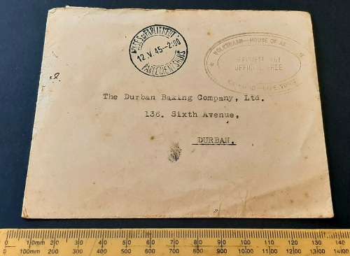 ** ORIGINAL: 1945 South Africa Volksraad/House of Assembly Cape Town Official Letter Cover.**