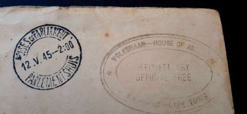 ** ORIGINAL: 1945 South Africa Volksraad/House of Assembly Cape Town Official Letter Cover.**