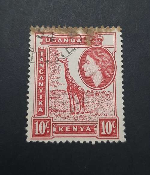 ** 1954 Uganda, Kenya, Tanganyika 10c Red QEII Stamp (Used).**
