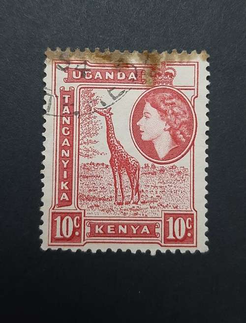 ** 1954 Uganda, Kenya, Tanganyika 10c Red QEII Stamp (Used).**