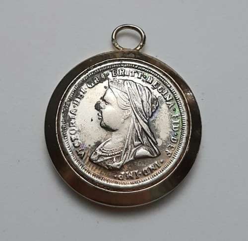 ** STUNNING:  1890s Victorian .925 Silver 6 Pence Pendant w/ 18k Gold Plated Mount (11.28 g).**