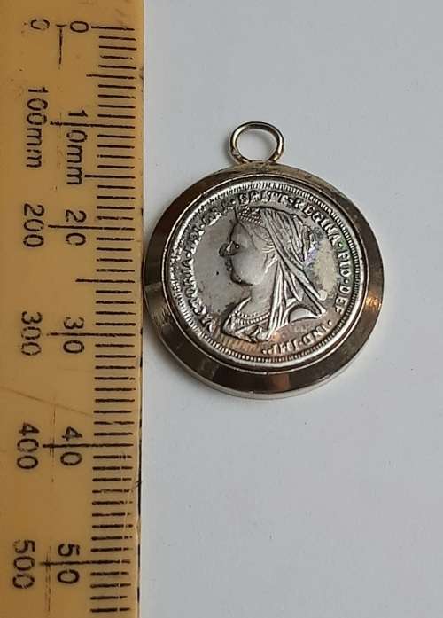 ** STUNNING:  1890s Victorian .925 Silver 6 Pence Pendant w/ 18k Gold Plated Mount (11.28 g).**