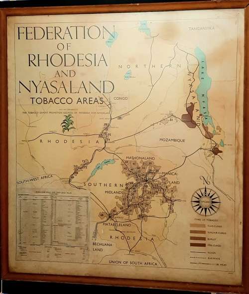 ** 1950-1962 Federation of Rhodesia and Nyasaland Tobacco Areas Large Framed Map (77cm x 71cm).**