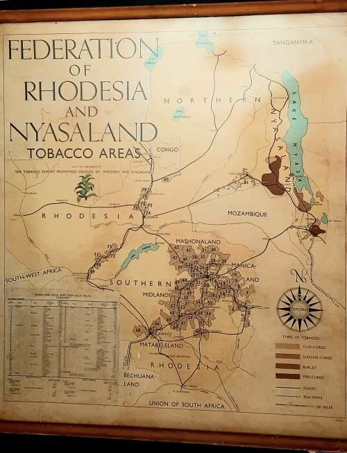 ** 1950-1962 Federation of Rhodesia and Nyasaland Tobacco Areas Large Framed Map (77cm x 71cm).**